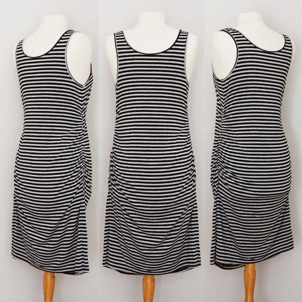 Liz Lange Maternity Gray Black Striped Ruched Gathered Sleeveless Midi Dress S - Picture 9 of 9